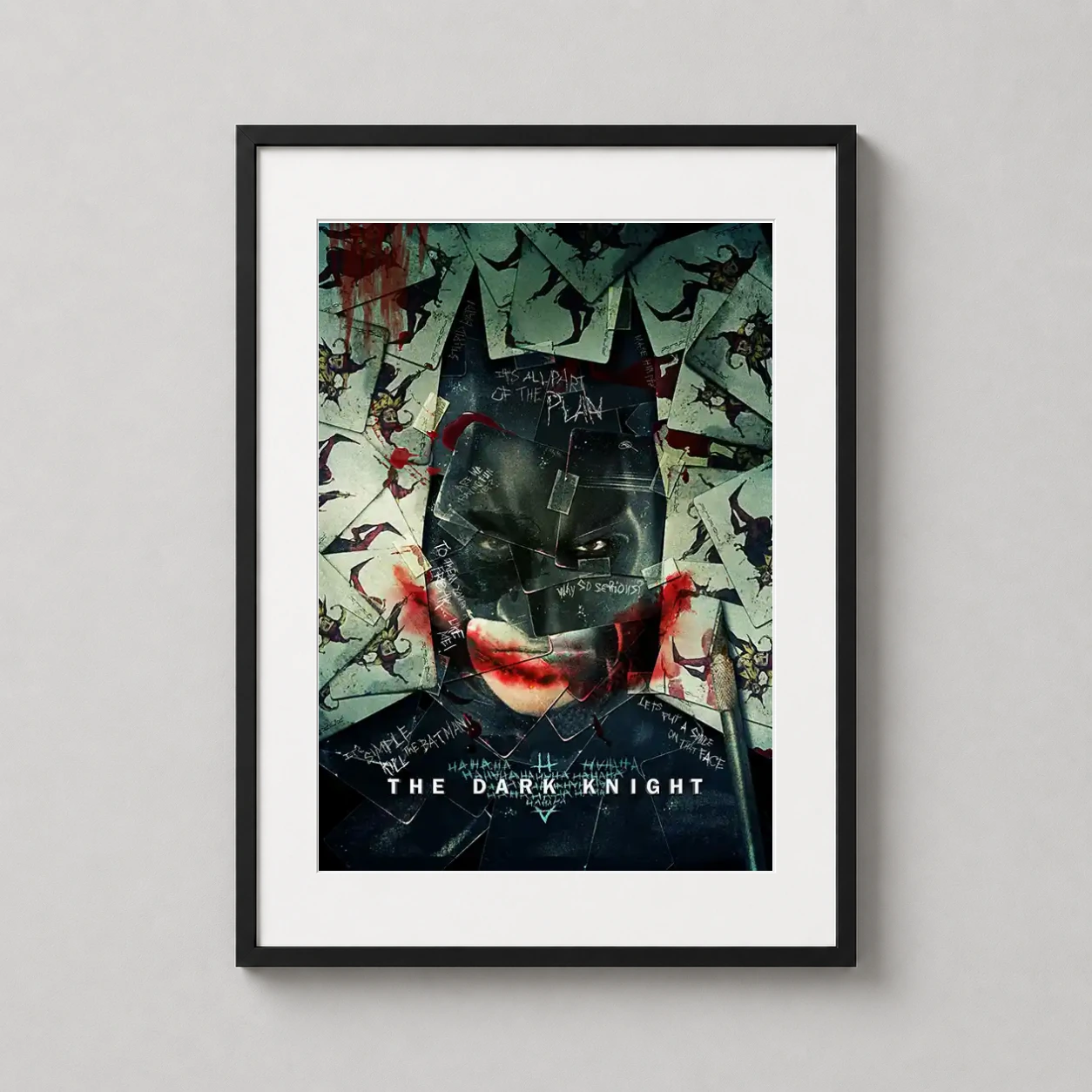 Room mockup of Dark Knight Batman and Joker Cards Cinematic Movie Poster, displayed as framed wall art in a home theater setting as a portrait print with red tones.