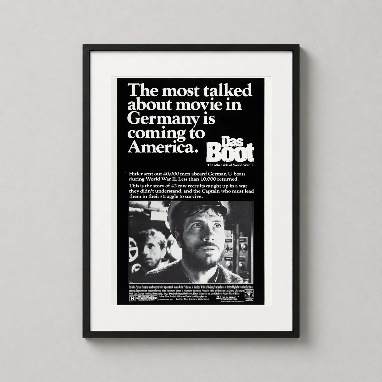 Das Boot Black White — black and white Das Boot movie poster showing a crewman's intense face