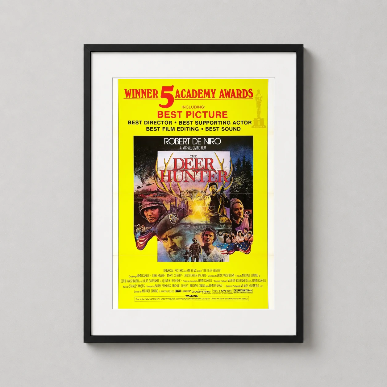 Deer Hunter Vintage Academy — vibrant yellow vintage poster for The Deer Hunter featuring Robert De