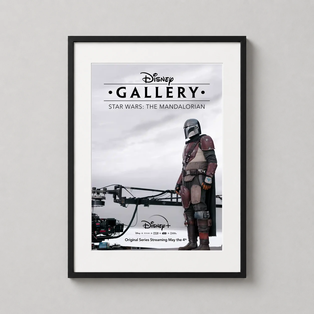 Star Wars the Mandalorian Behind — cinematic behind-the-scenes poster featuring Din Djarin in full beskar