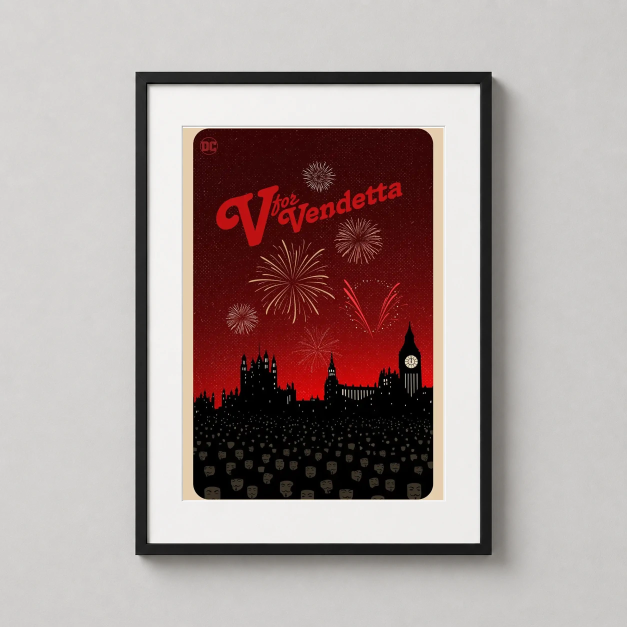 V Vendetta London Fireworks — this graphic illustration features the London skyline and Big Ben
