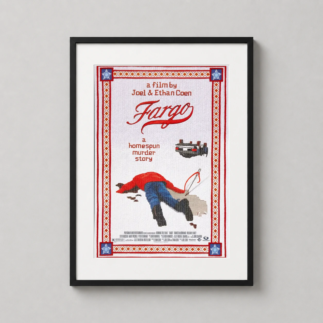 Fargo — unique cross-stitch style art print of the Fargo movie poster featuring