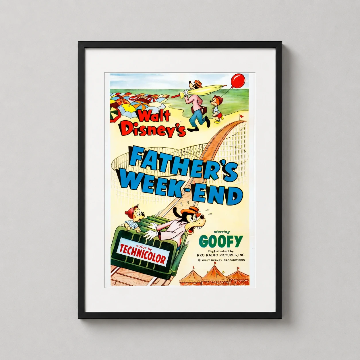 Room mockup of Father's Week-End Goofy Cartoon Vintage Disney Movie Poster Wall Art, displayed as framed wall art in a home theater setting as a portrait print with gold tones.