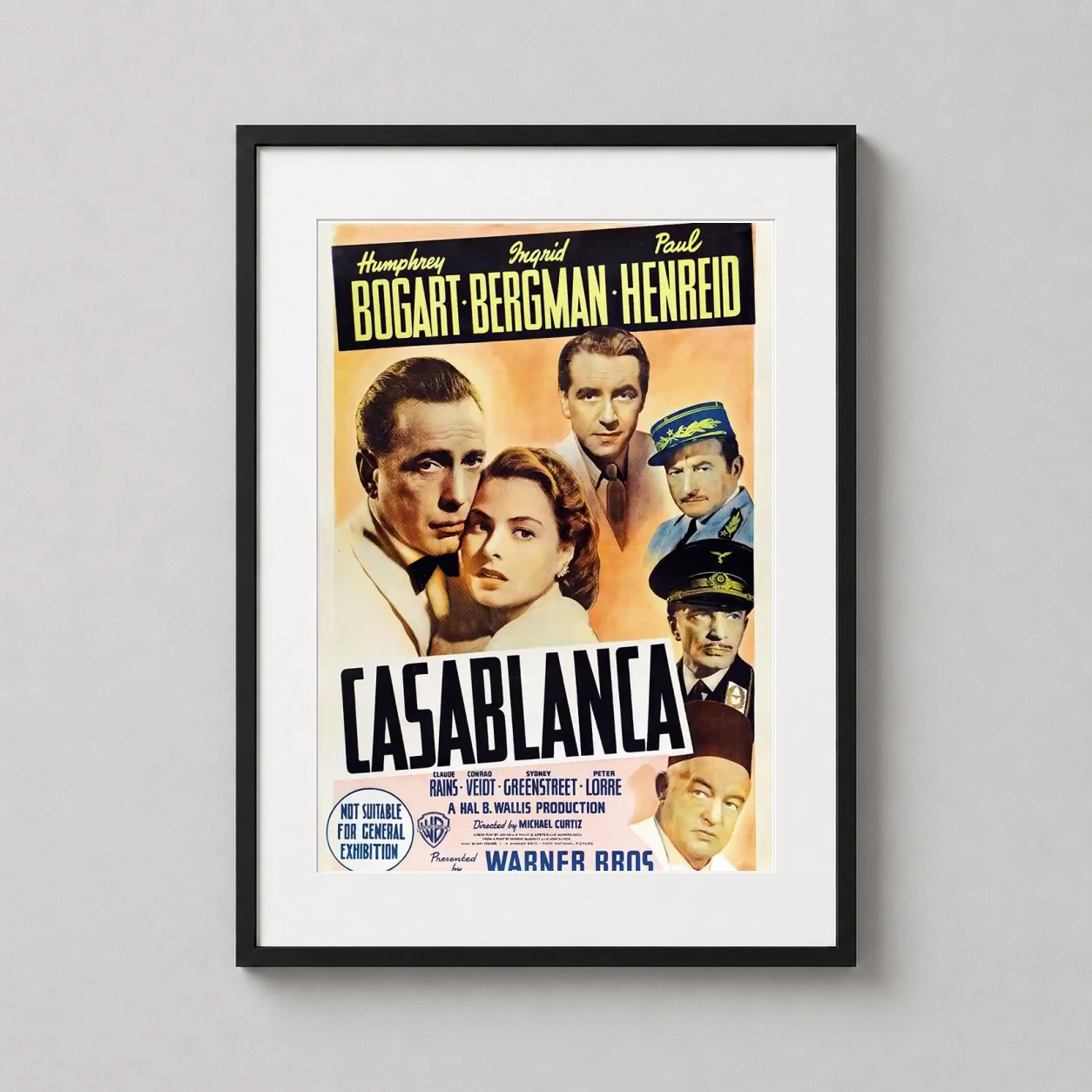 Casablanca — this vintage Casablanca film poster features Humphrey Bogart and Ingrid