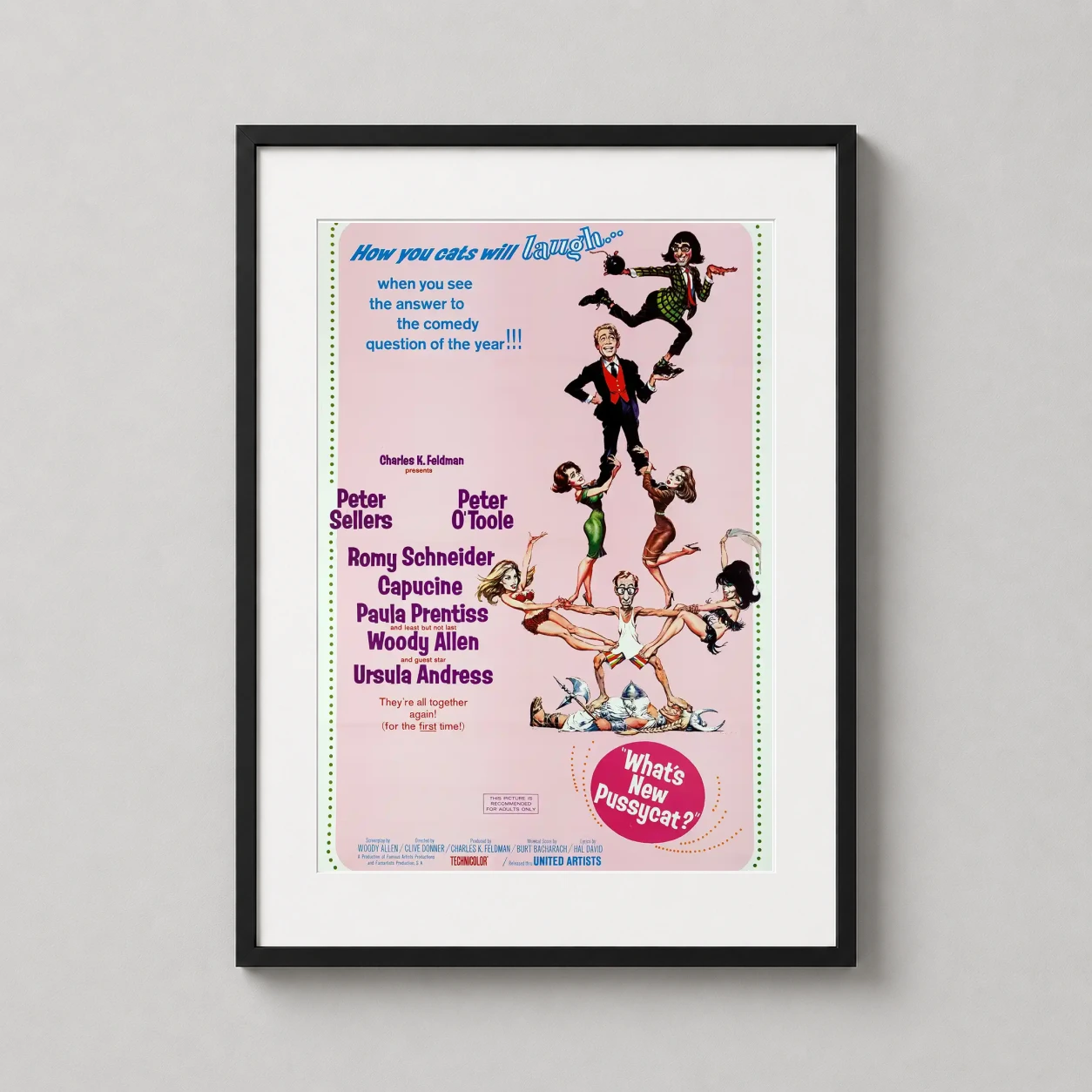 What's New Pussycat — features the chaotic human pyramid illustration for the 1965 comedy