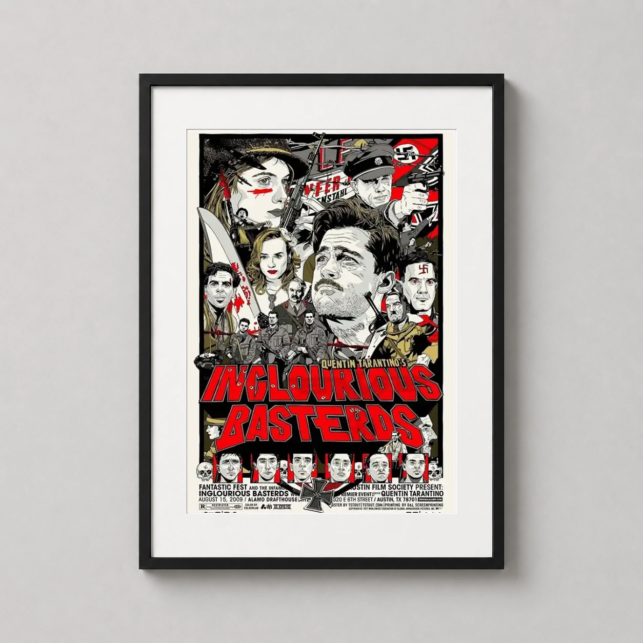 Room mockup of Inglourious Basterds Character Collage Movie Poster, displayed as framed wall art in a home theater setting as a portrait print with red, cream, and black tones.
