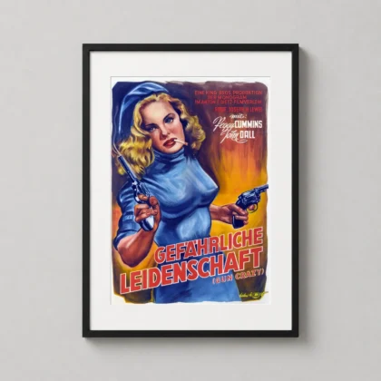 Gun Crazy — blonde woman in a blue dress holds two smoking revolvers against a