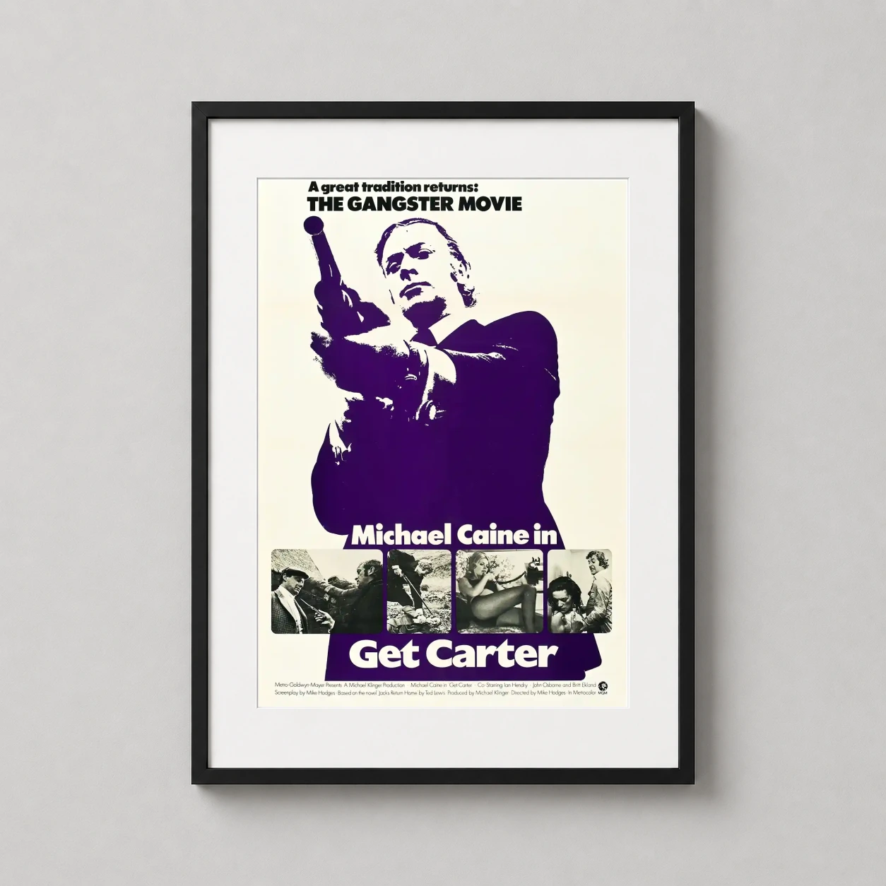 Get Carter Michael Caine 1971 — purple silhouette of Michael Caine holding a shotgun defines this retro