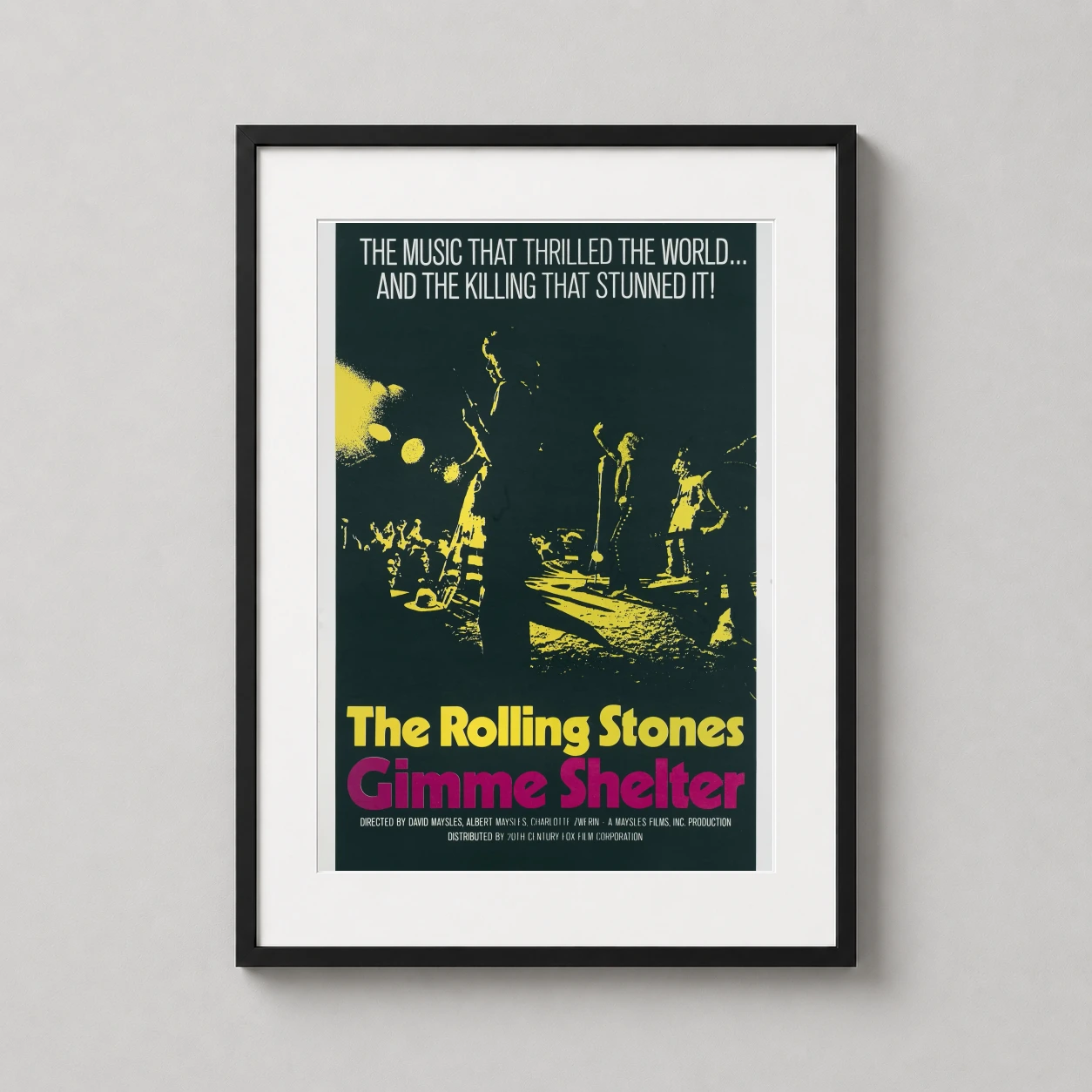 Rolling Stones Gimme Shelter — high-contrast 1970 Gimme Shelter movie poster featuring the Rolling