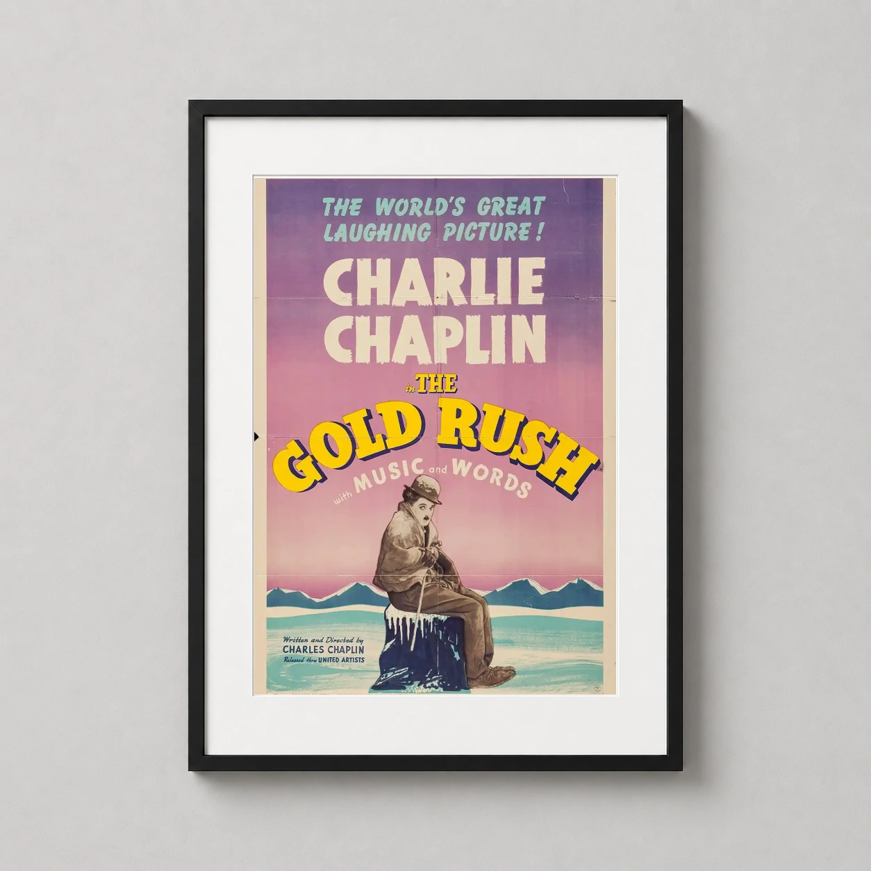 Charlie Chaplin the Rush — vintage movie poster for Charlie Chaplin's The Gold Rush featuring the