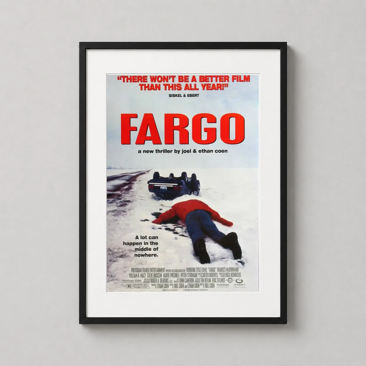 Fargo — theatrical poster for Fargo featuring a bold red title over a stark