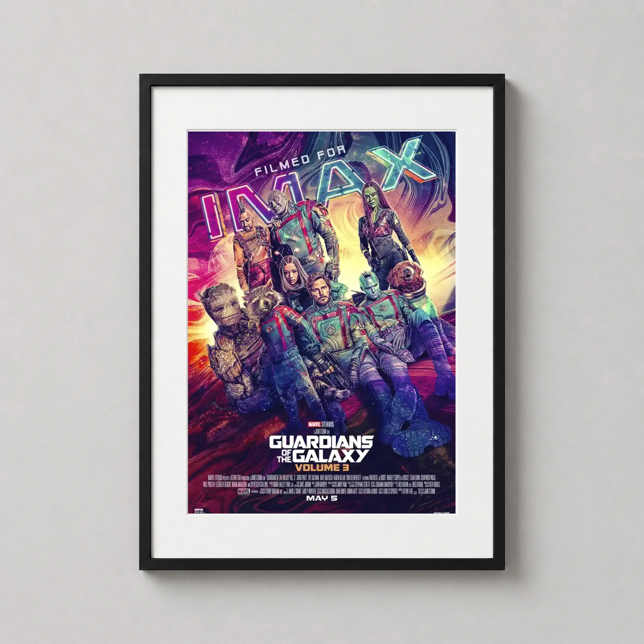 Guardians Galaxy Vol 3 — vibrant IMAX movie poster for Guardians of the Galaxy Vol 3 featuring