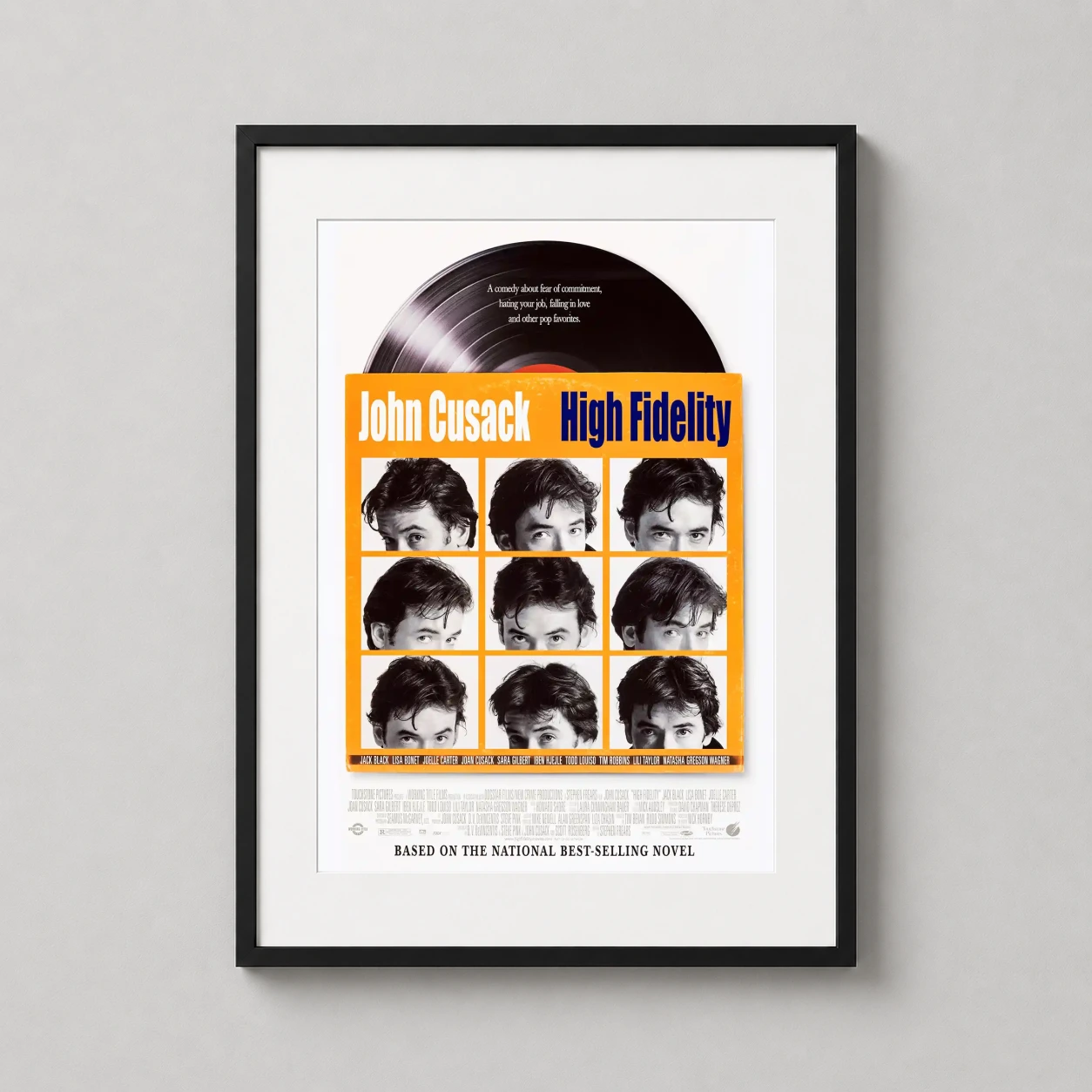 High Fidelity — featuring a grid of John Cusack headshots against a bold orange