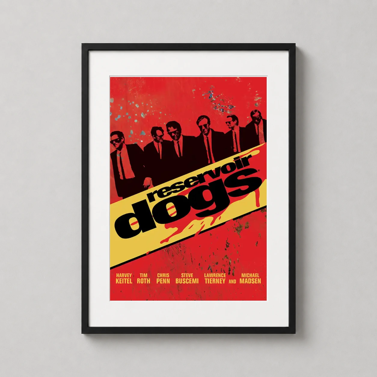 Room mockup of Reservoir Dogs Quentin Tarantino Silhouette Movie Poster, displayed as framed wall art in a home theater setting as a portrait print with blue, yellow, and red tones.
