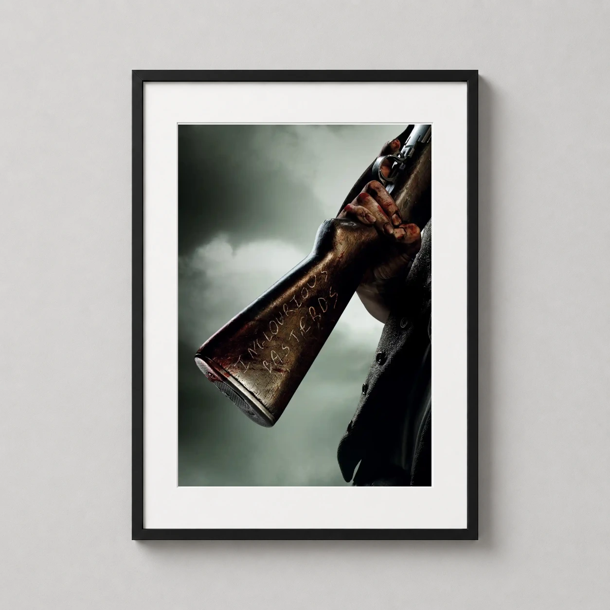 Room mockup of Inglourious Basterds Carved Rifle Stock Cinematic Movie Poster, displayed as framed wall art in a home theater setting as a portrait print.