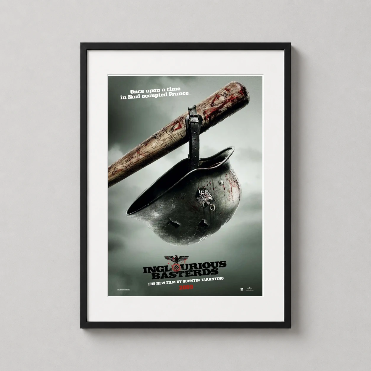 Inglourious Basterds Bloody Bat and Helmet — this gritty movie poster features a blood-stained baseball bat with