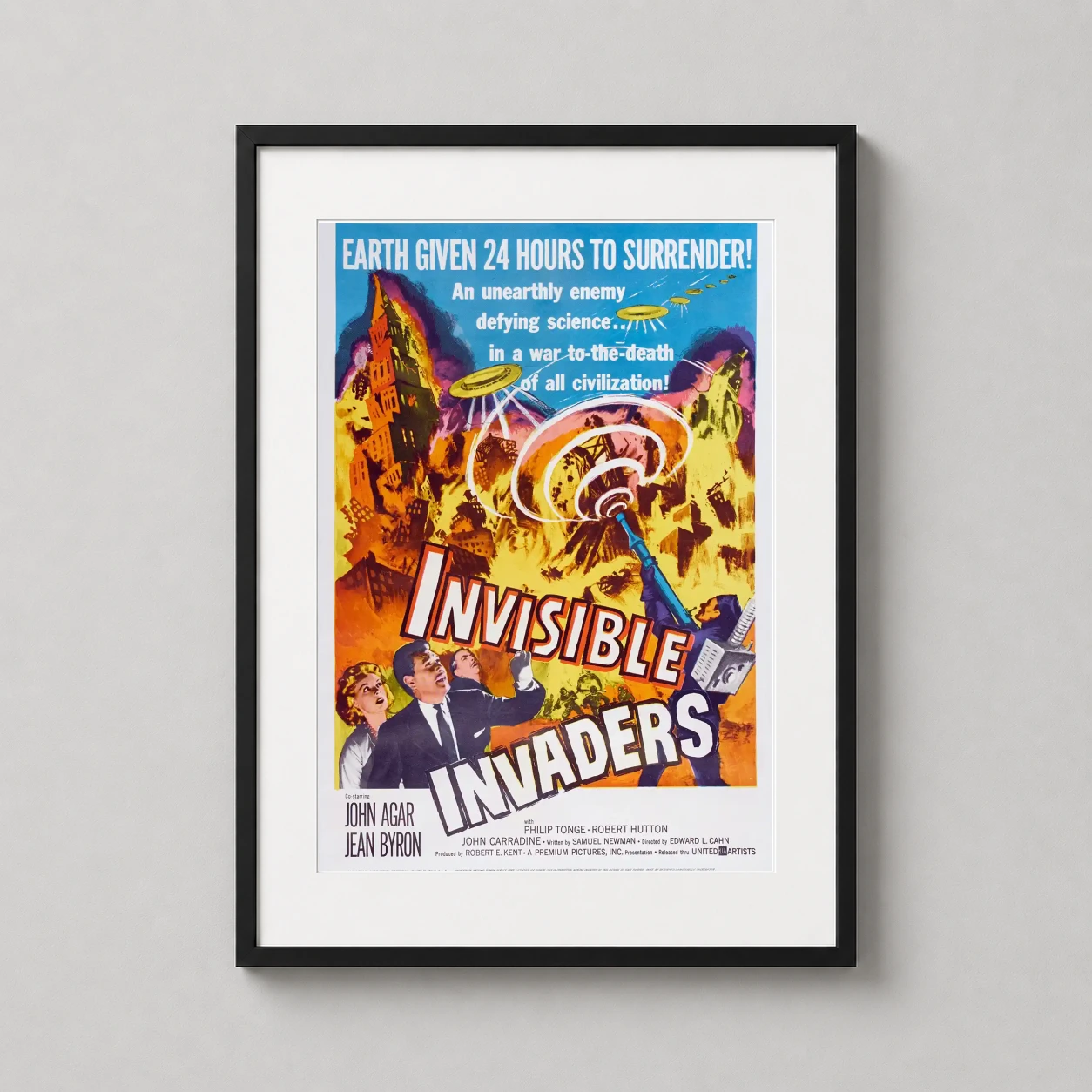 Room mockup of Invisible Invaders 1959 Sci-Fi UFO Movie Poster, displayed as framed wall art in a home theater setting as a portrait print with teal tones.