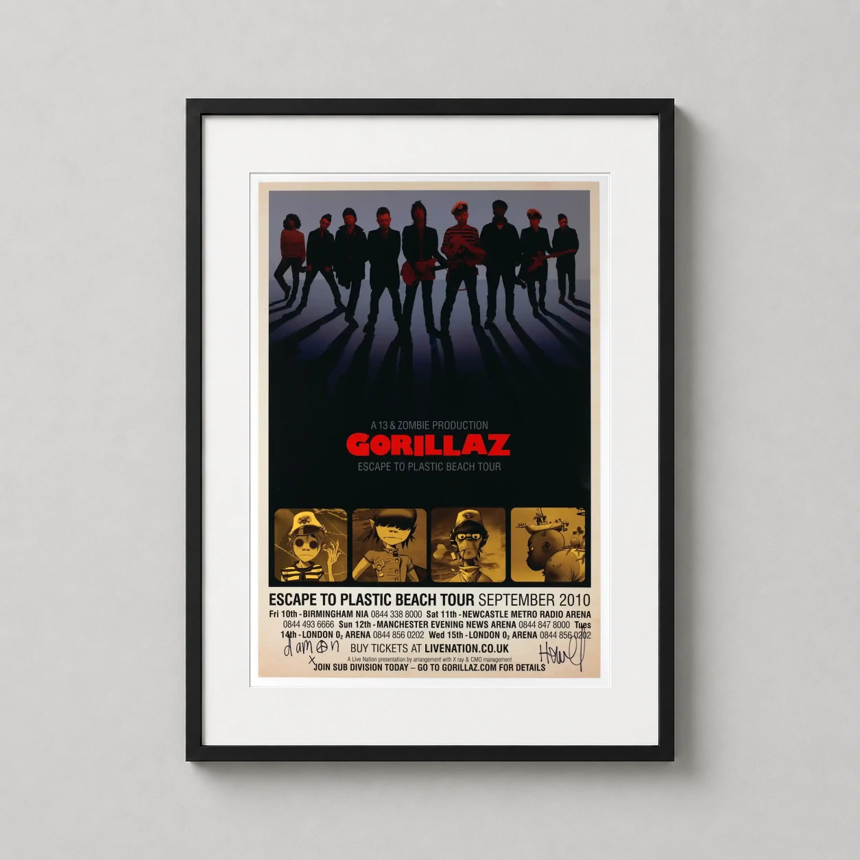 Gorillaz — this tour poster features silhouettes of band members above character