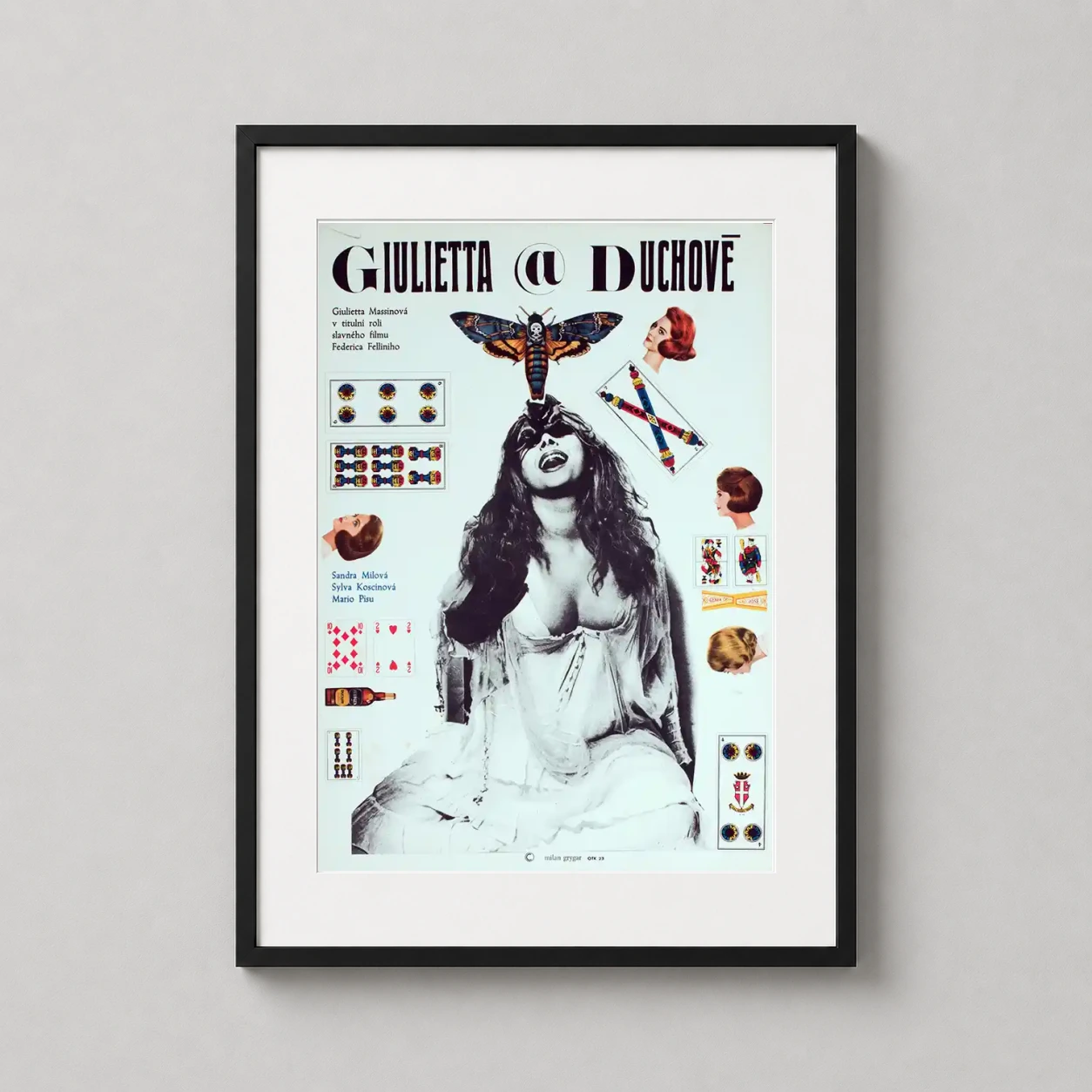 Room mockup of Juliet of the Spirits, Czech Surrealist Movie Poster, displayed as framed wall art in a home theater setting as a portrait print with gold tones.