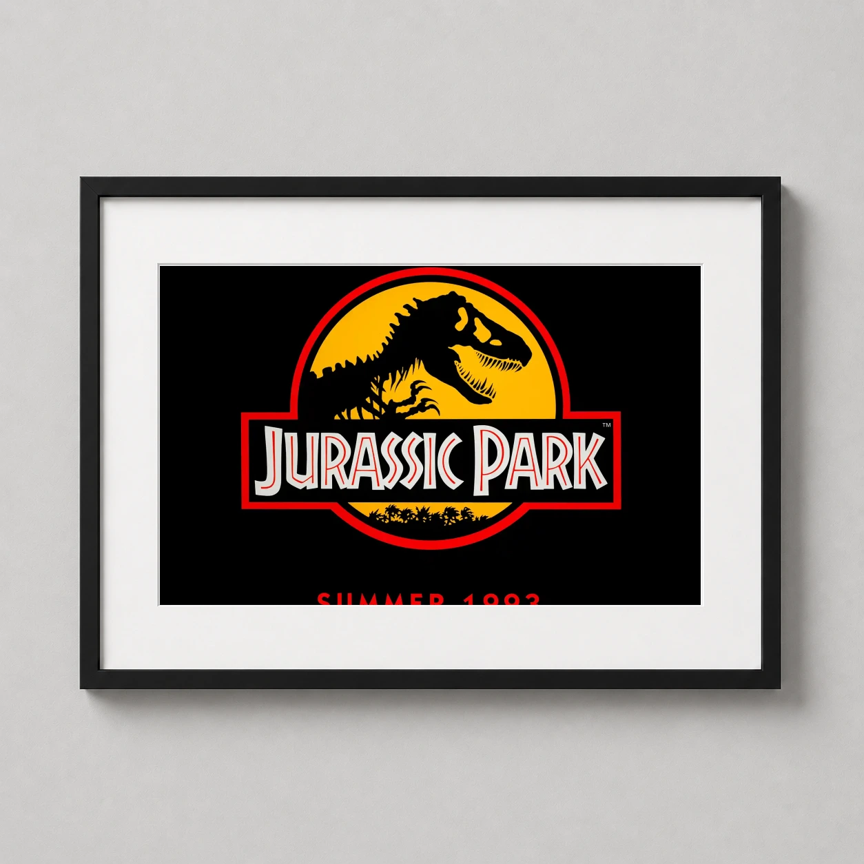 Jurassic Park Classic T-rex — this vintage-style movie poster features the iconic T-Rex skeleton