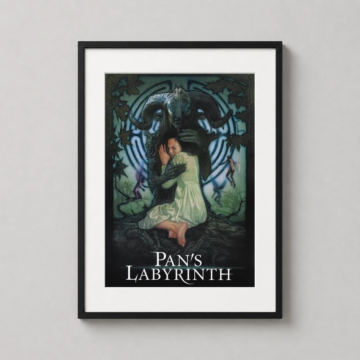 Pan's Labyrinth — haunting illustration of Ofelia embraced by the Faun against a luminous