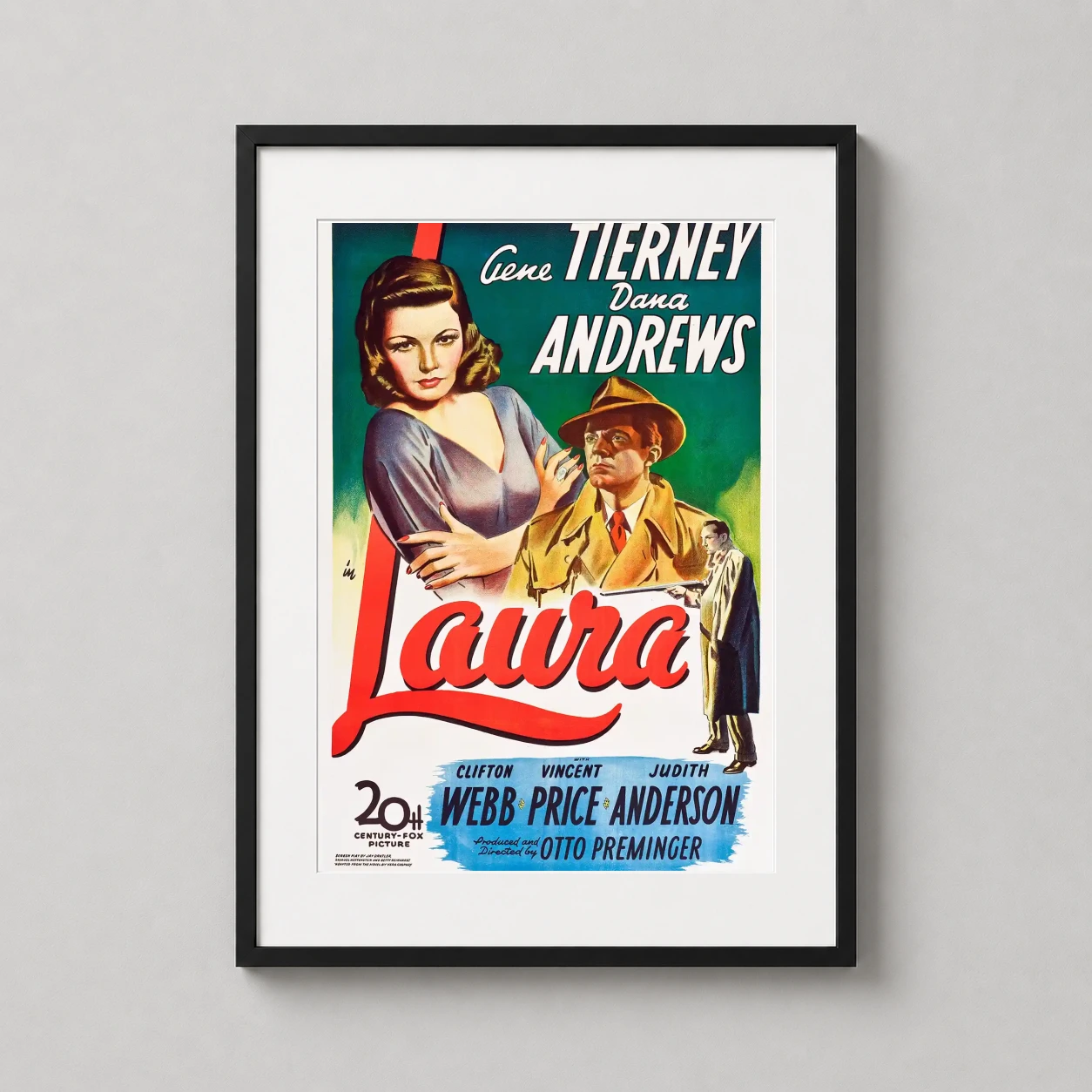 Laura — classic 1944 film noir poster featuring Gene Tierney and Dana Andrews