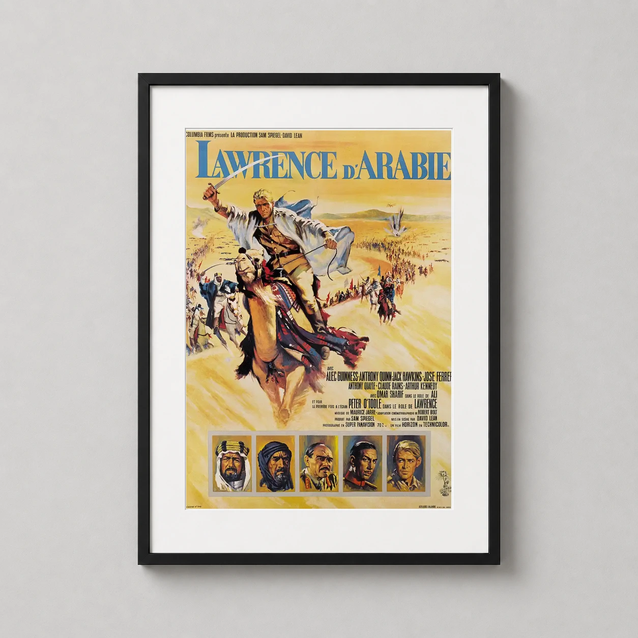 Lawrence of Arabia Camel Charge — dramatic French release illustration of T.E. Lawrence leading a camel