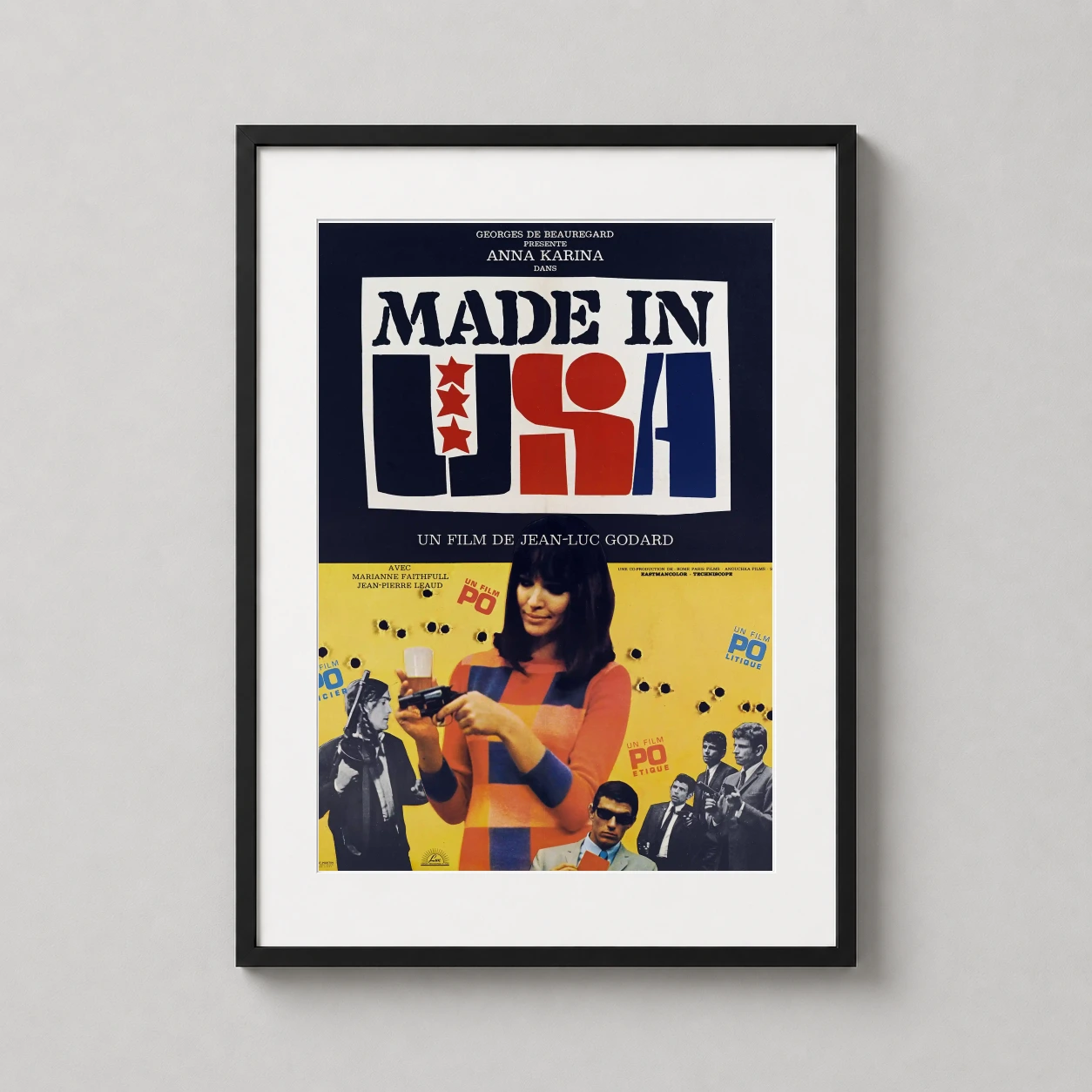 Made Jean Luc Godard — bold 1966 French New Wave art featuring Anna Karina with a revolver
