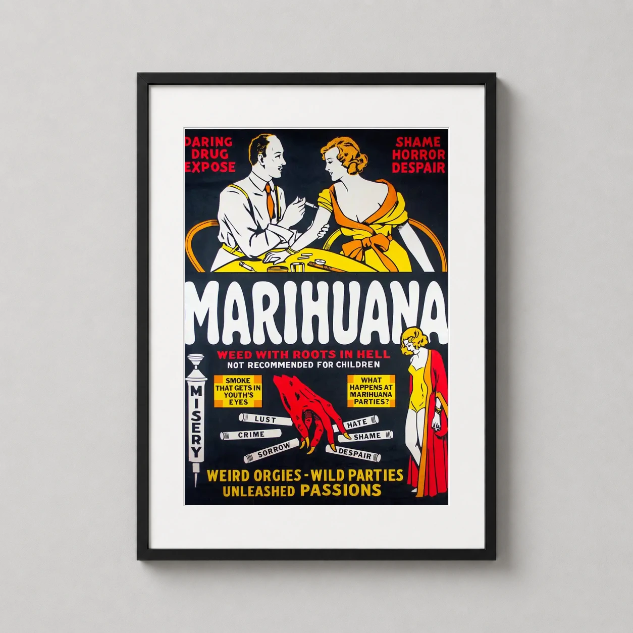 Marihuana Exploitation — vibrant 1936 Marihuana propaganda poster featuring sensationalist