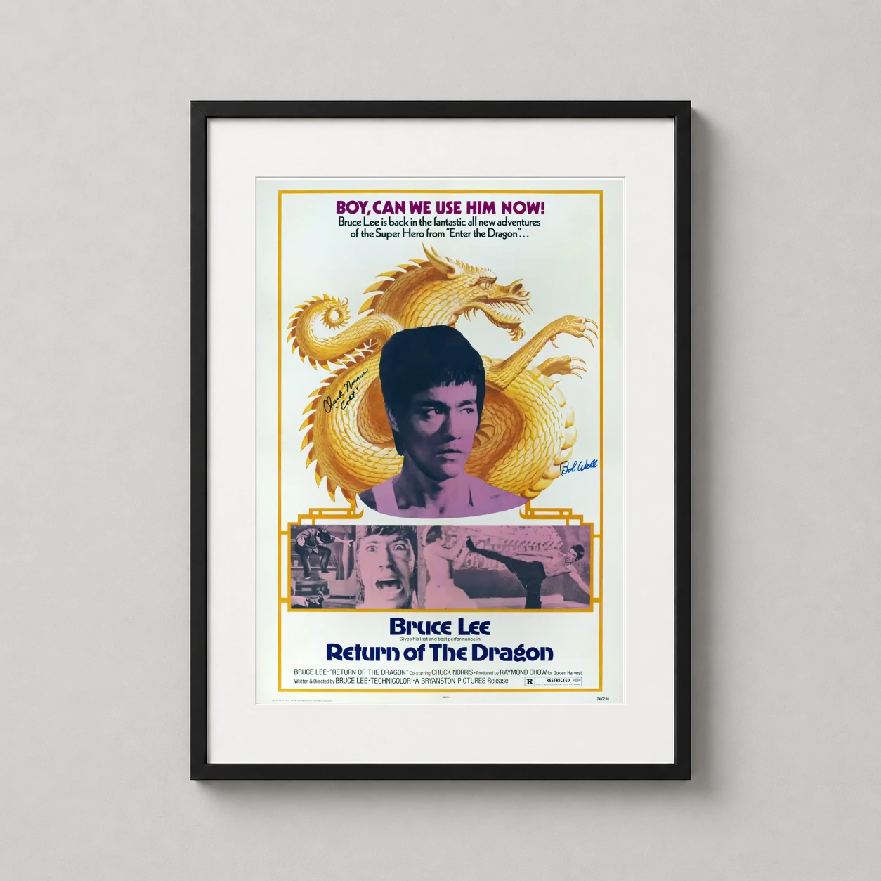 Bruce Lee — vintage movie poster featuring Bruce Lee in Return of the Dragon with a