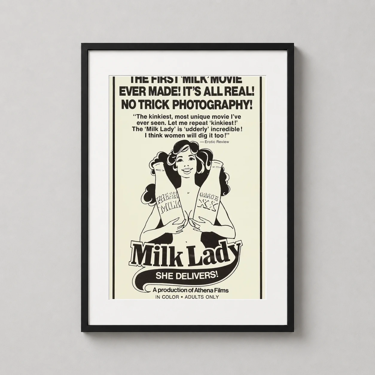 Milk Lady She Delivers — retro black and white illustration of a woman holding milk bottles