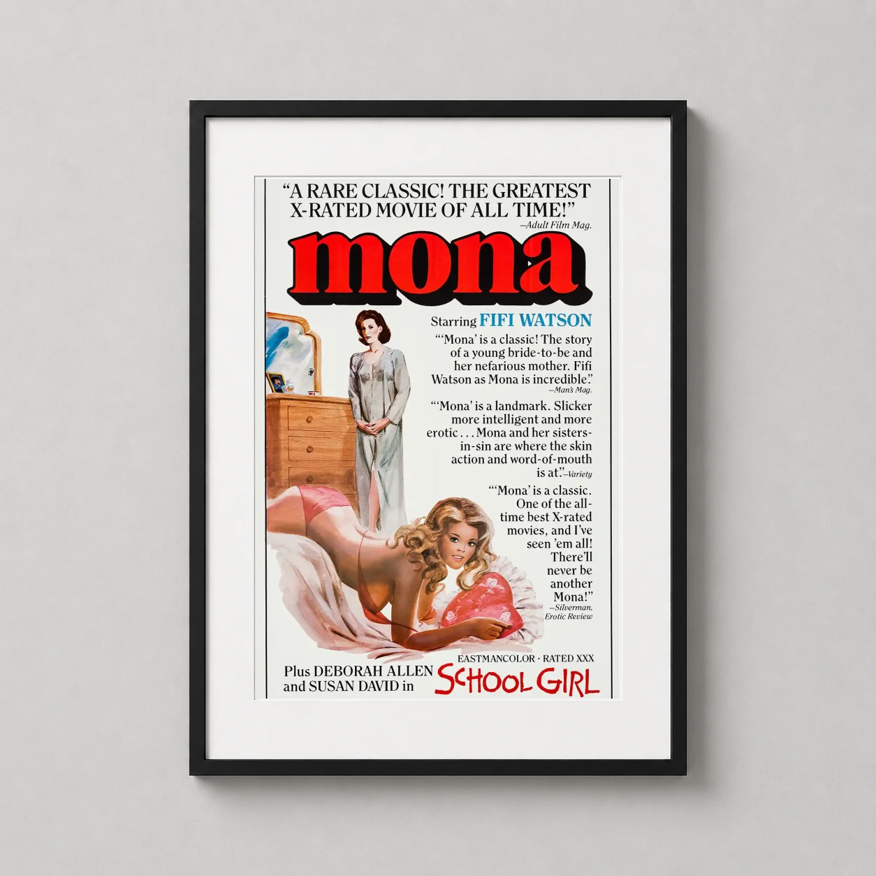Mona the Virgin Nymph 1970s — vintage 1970s grindhouse movie poster featuring bold red typography, a