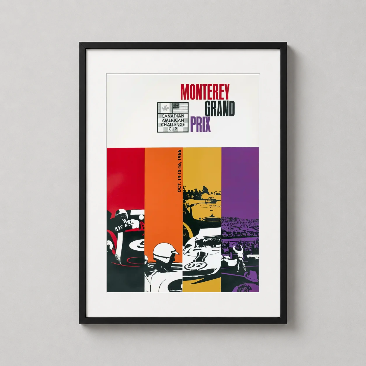Room mockup of Monterey Grand Prix 1966 Racing, Vintage Can-Am Movie Poster, displayed as framed wall art in a home theater setting as a portrait print with yellow, orange, and red tones.