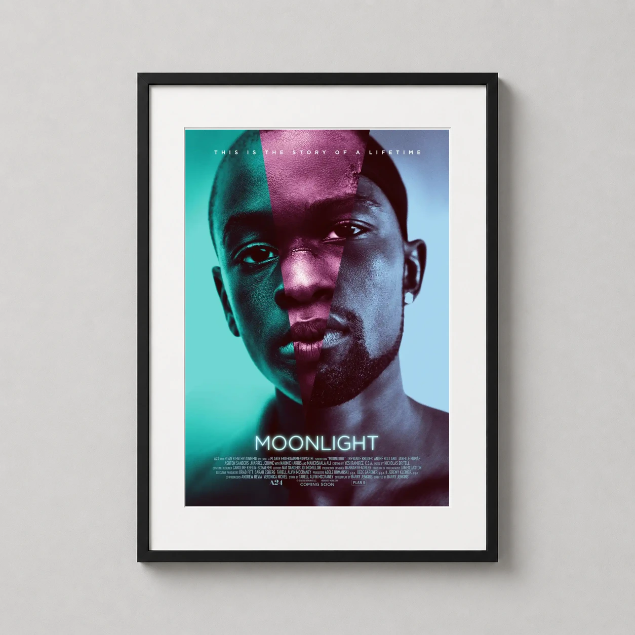 Moonlight — featuring the split-face triptych design in neon blue and deep purple