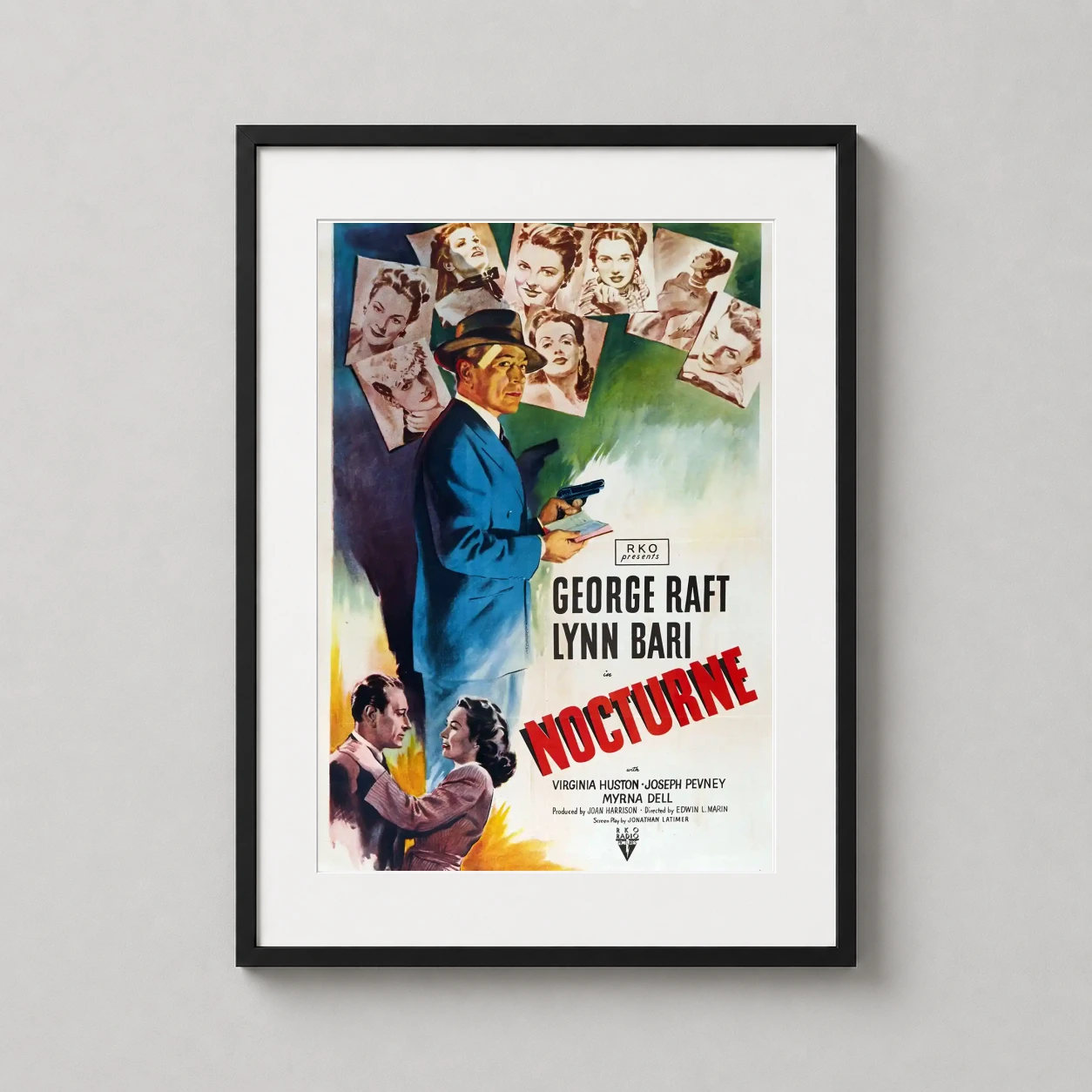 Nocturne George Raft — this 1946 Nocturne movie poster features George Raft holding a pistol