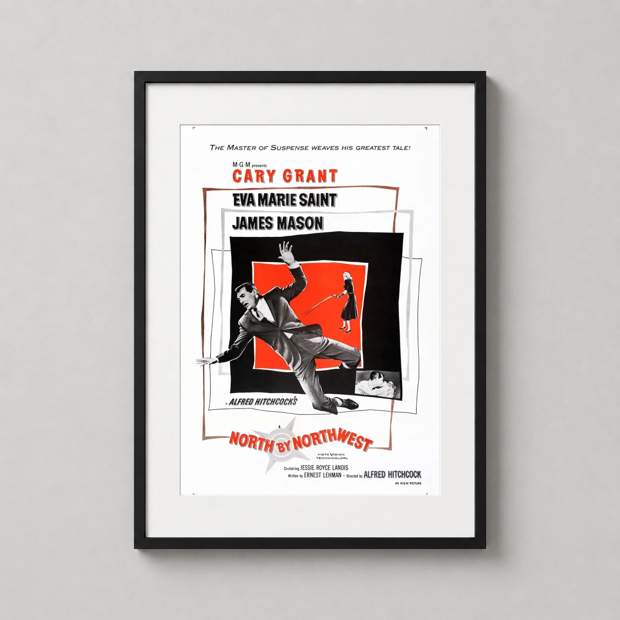 North Northwest Vintage Hitchcock — vintage film poster for Hitchcock's North by Northwest featuring Cary