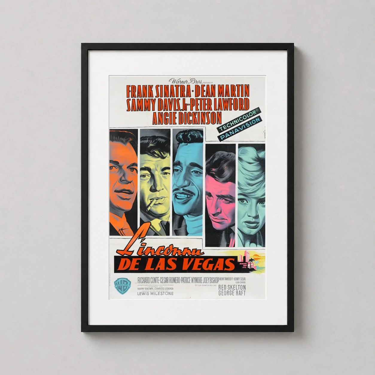 Room mockup of Ocean's 11 1960 Rat Pack French Vintage Movie Poster, displayed as framed wall art in a home theater setting as a portrait print with blue, yellow, and orange tones.