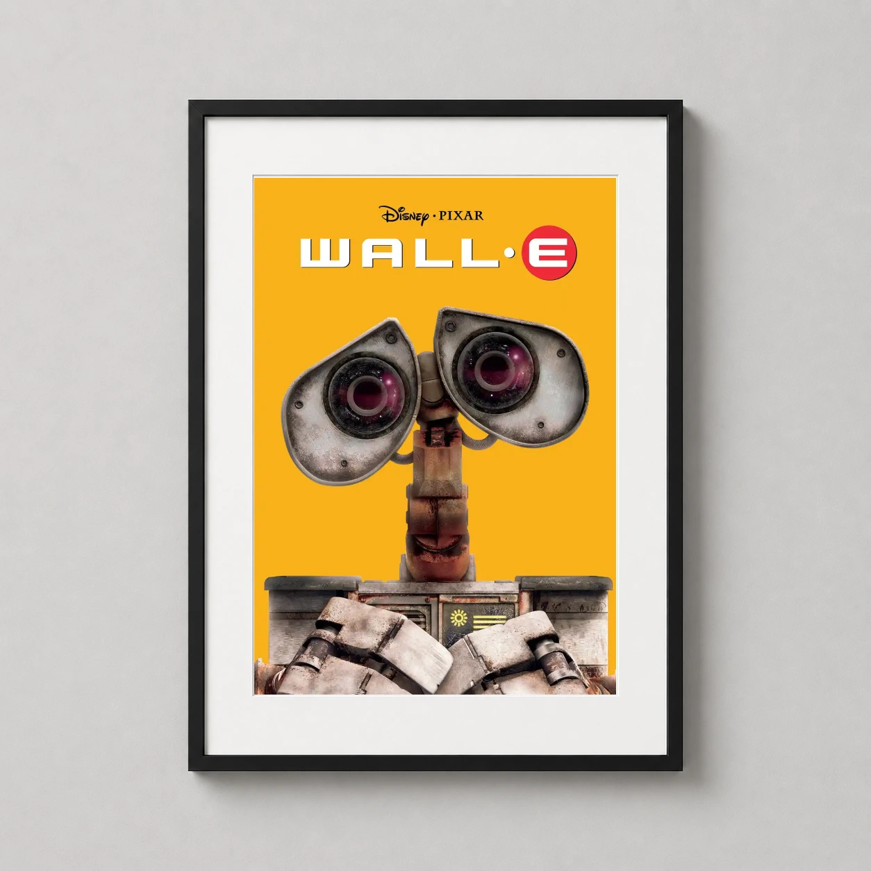 Room mockup of WALL-E Animated Movie Robot Close-Up Portrait Pixar Movie Poster, displayed as framed wall art in a home theater setting as a portrait print with yellow tones.