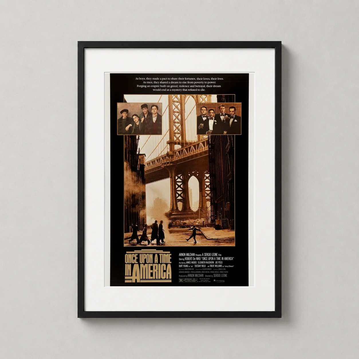 Once Upon a Time in America — sepia-toned vintage movie poster featuring the Manhattan Bridge and