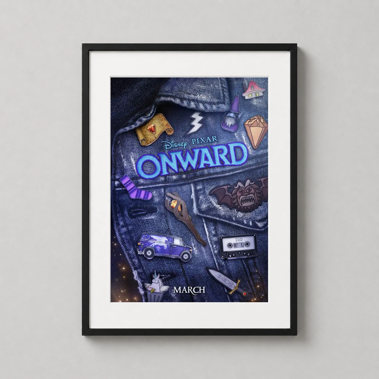 Onward — denim jacket backdrop features iconic Pixar Onward elements like the