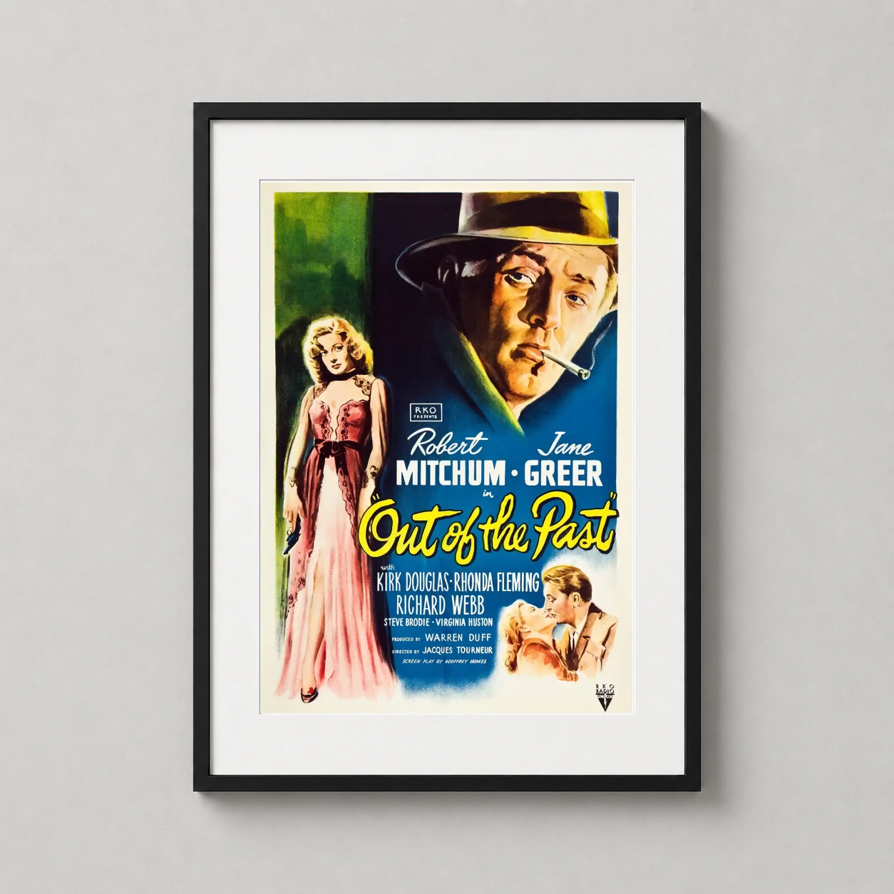 Out of the Past — dramatic 1947 film noir poster featuring Robert Mitchum in a fedora and