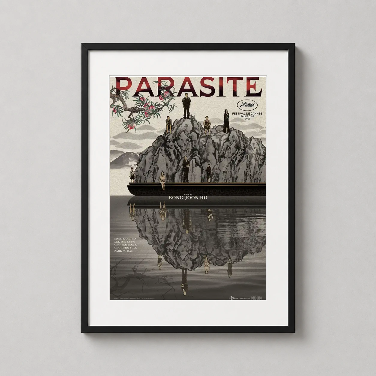 Parasite Bong Joon Ho — ink-style Parasite movie print showcasing characters atop a craggy rock