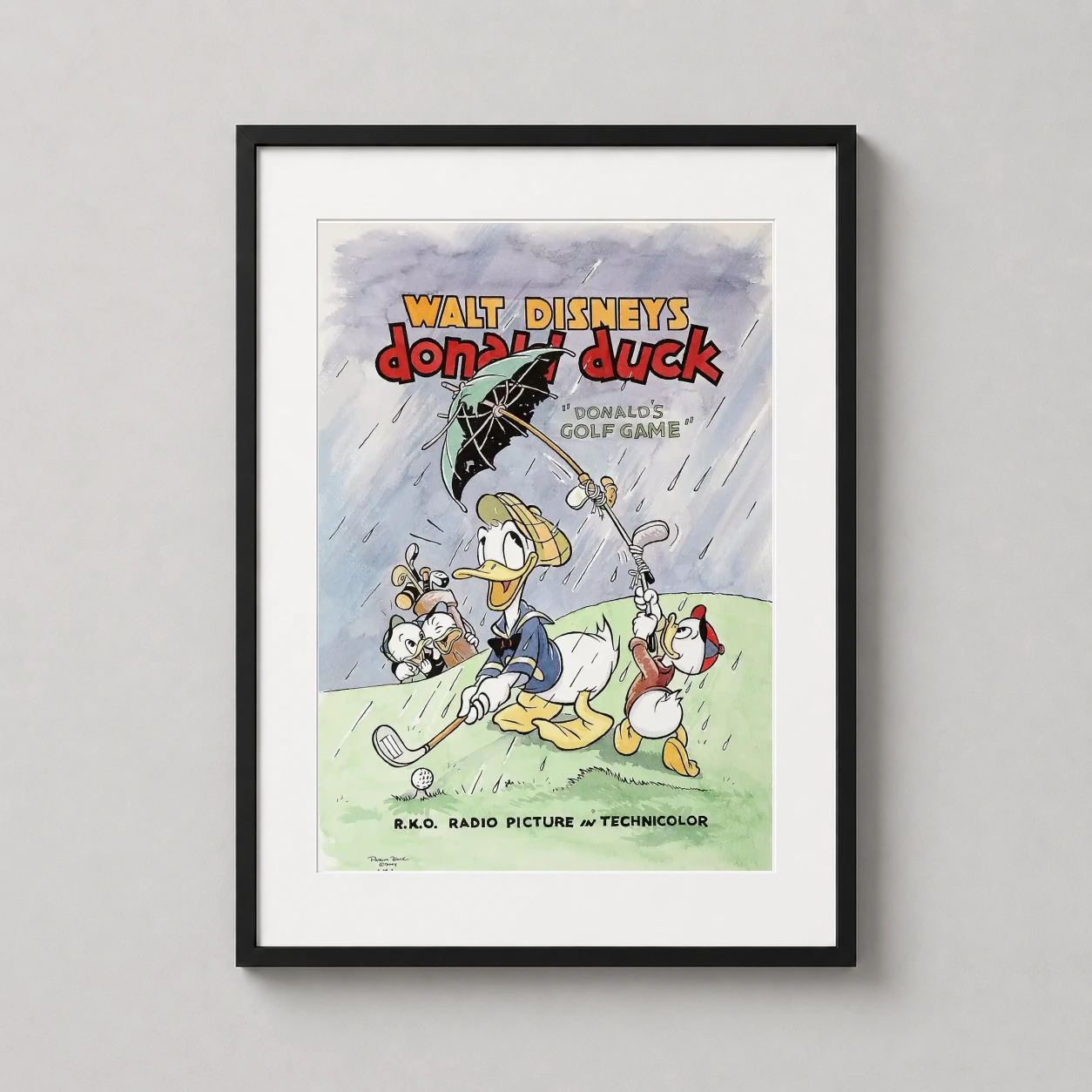 Room mockup of Donald Duck Donald's Golf Game Vintage 1938 Cartoon Movie Poster, displayed as framed wall art in a home theater setting as a portrait print with blue and gold tones.
