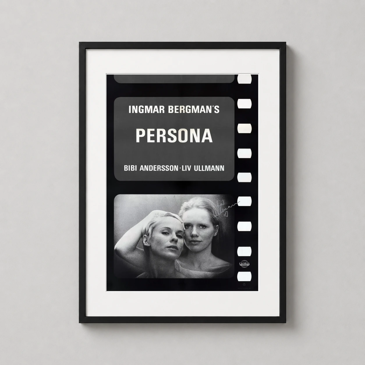 Persona — monochrome vintage film strip design featuring Bibi Andersson and Liv