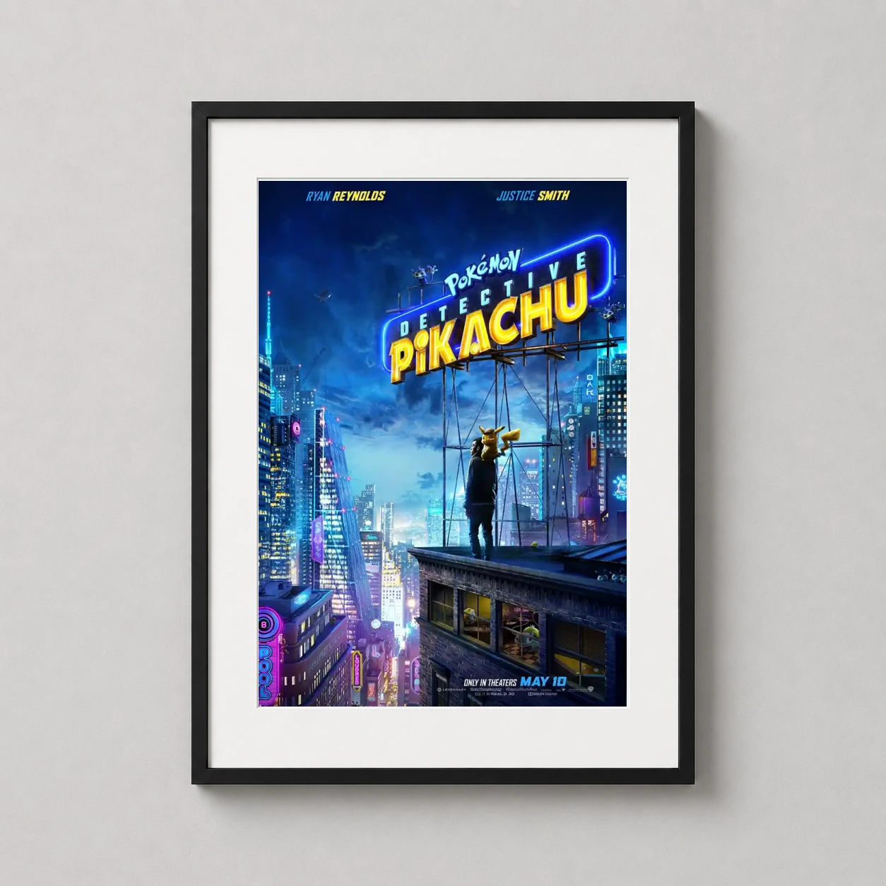 Detective Pikachu — vivid movie art featuring Pikachu on Tim Goodman’s shoulder overlooking