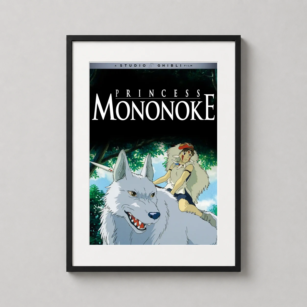 Princess Mononoke — san rides her massive white wolf through the ancient forest in this