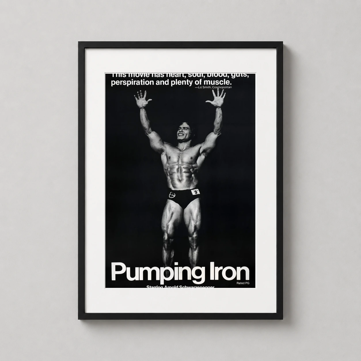 Pumping Iron — black and white photographic movie poster featuring Arnold