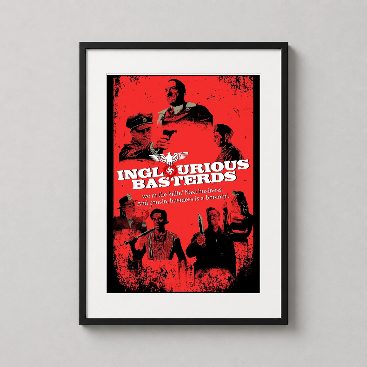 Room mockup of Inglourious Basterds WWII Grindhouse Movie Poster, displayed as framed wall art in a home theater setting as a portrait print with gold, red, and black tones.
