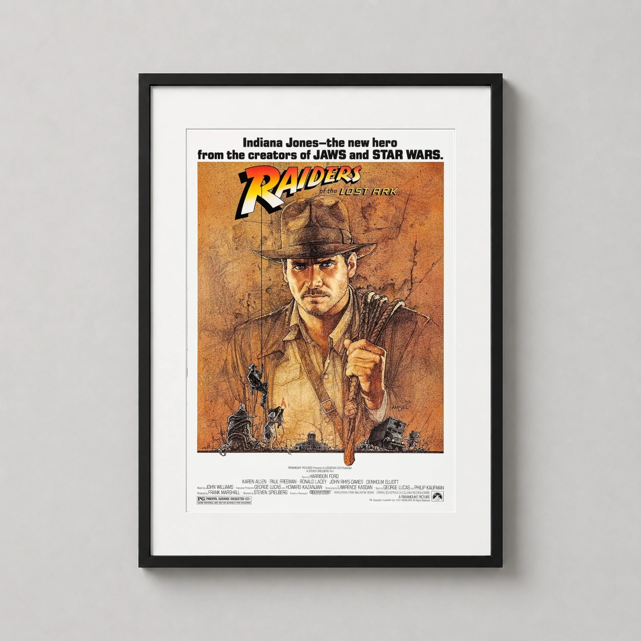 Raiders Lost Ark Indiana — illustrated movie poster featuring Indiana Jones with his whip, a dusty