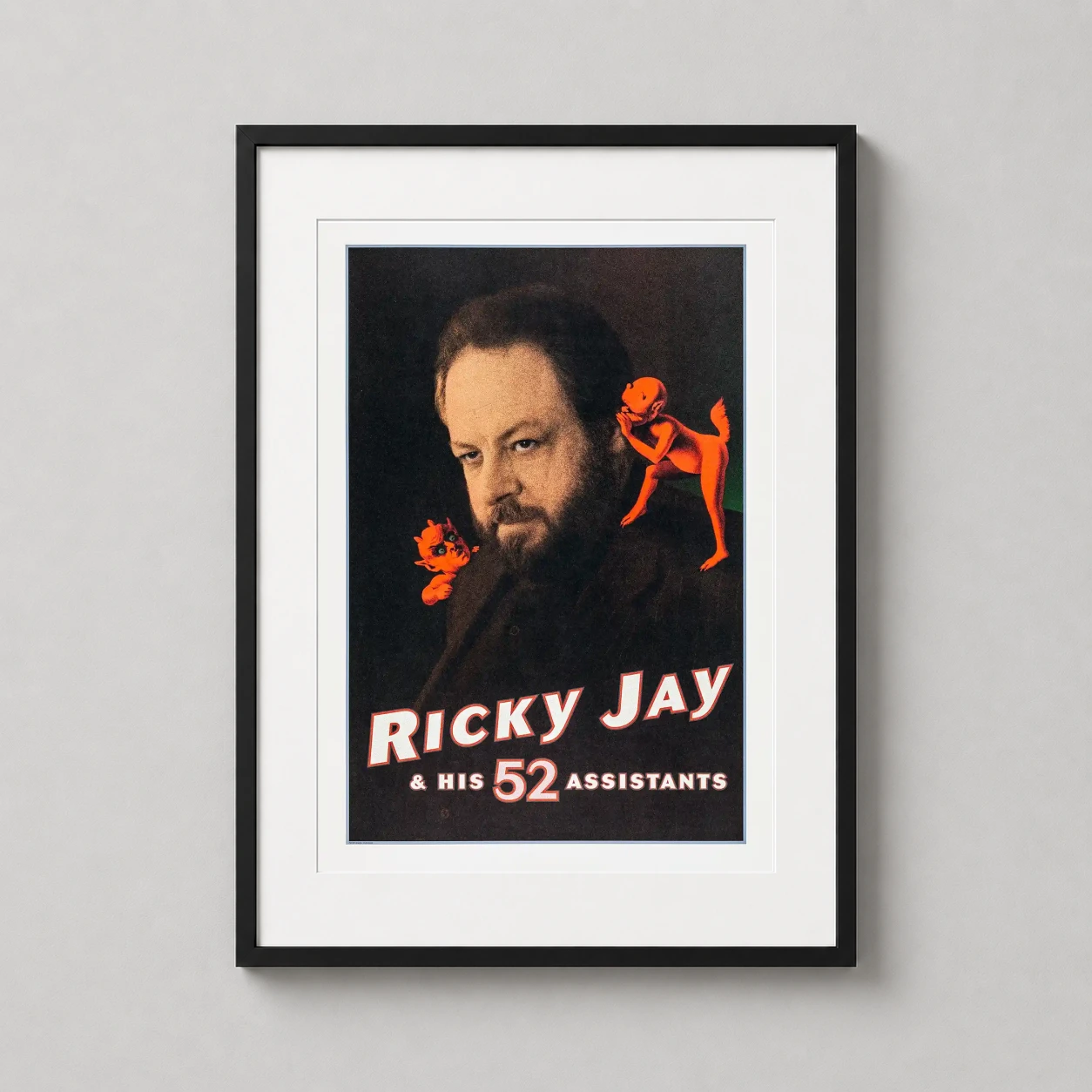Ricky Jay and His 52 — portrait of magician Ricky Jay with two small orange demons whispering